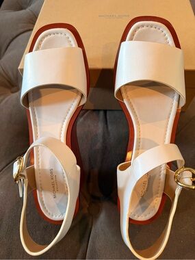 Michael Kors Optic White Leather Wedge Sandals with Brown Wood-Look Platform
